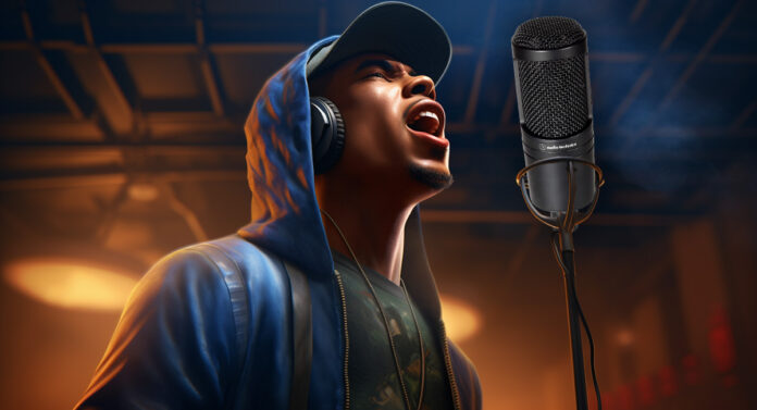 Cantante rapper in studio con microfono Audio-Technica AT2020